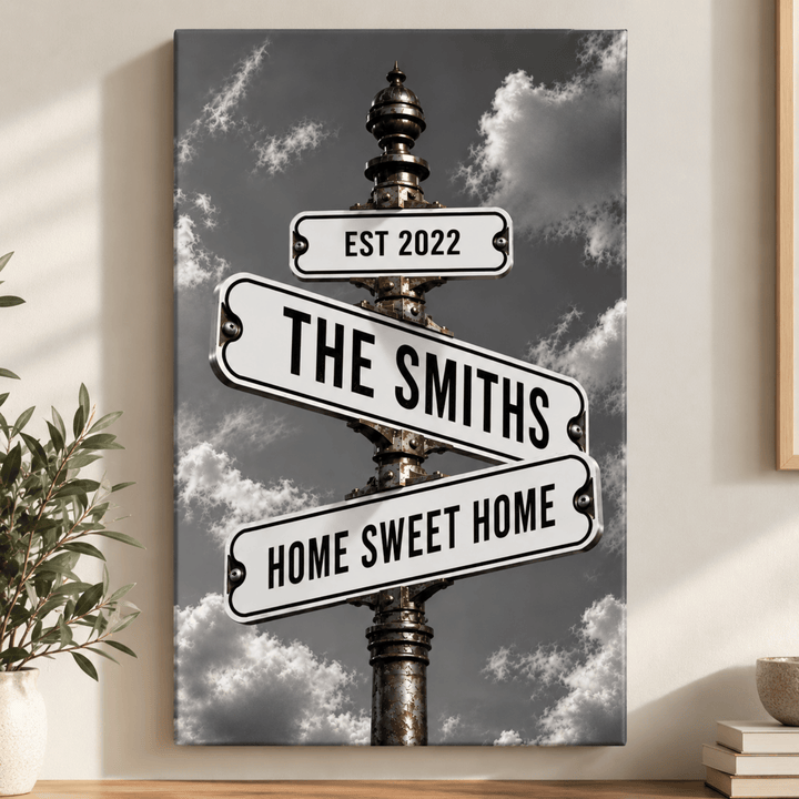 Personalized Family Stormy Gray Sky Street Sign Canvas – Custom Names, Dates &amp; Milestones