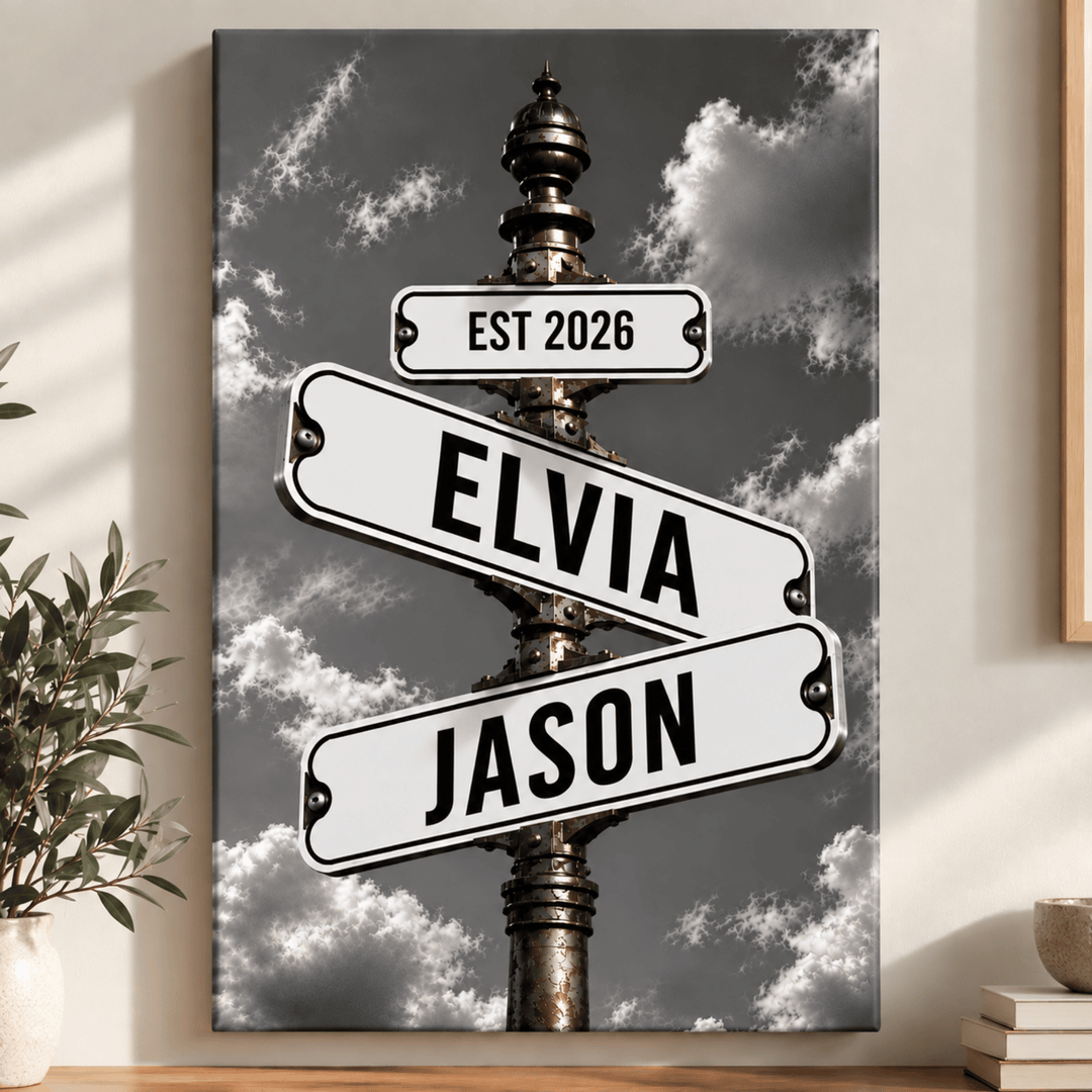 Personalized Family Stormy Gray Sky Street Sign Canvas – Custom Names, Dates &amp; Milestones