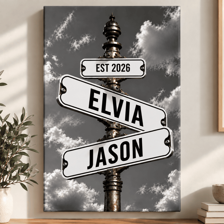 Personalized Family Stormy Gray Sky Street Sign Canvas – Custom Names, Dates &amp; Milestones