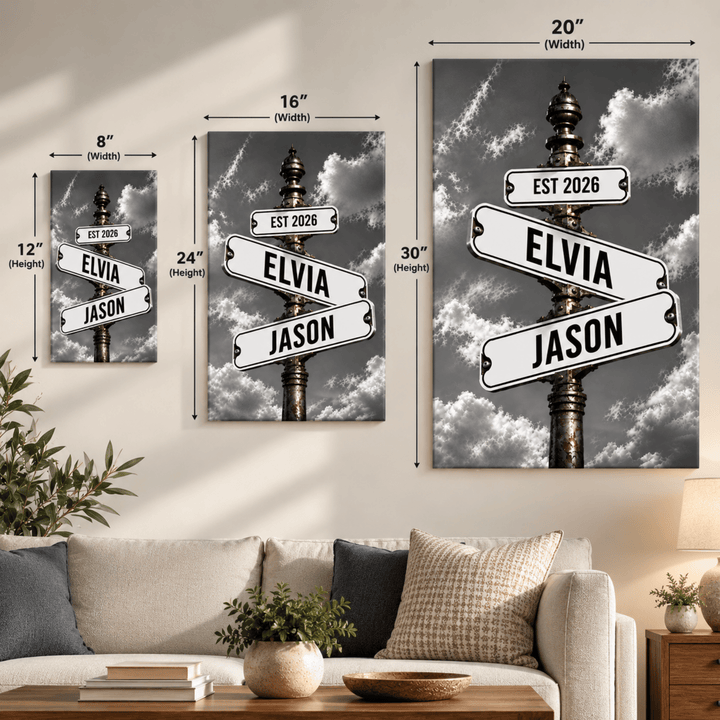 Personalized Family Stormy Gray Sky Street Sign Canvas – Custom Names, Dates &amp; Milestones