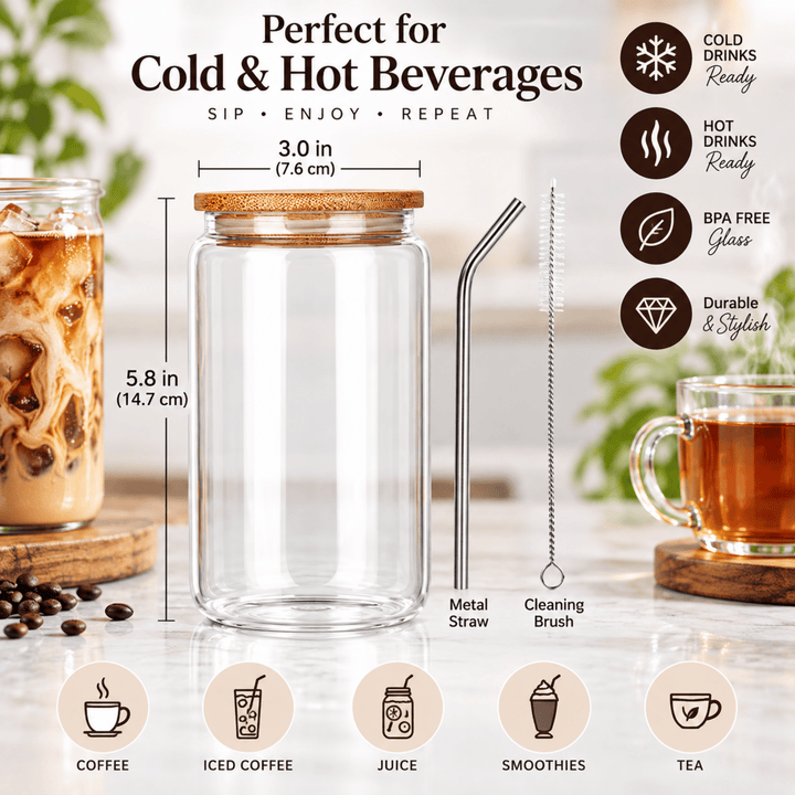 Personalized 16 oz Glass Tumbler with Bamboo Lid &amp; Straw – Full Color UV Print
