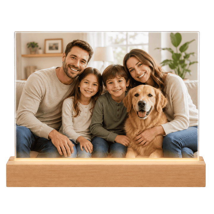 Personalized LED Glass Photo Frame Night Light – 6" x 8" Custom Sublimation Photo Plaque with Wooden LED Base