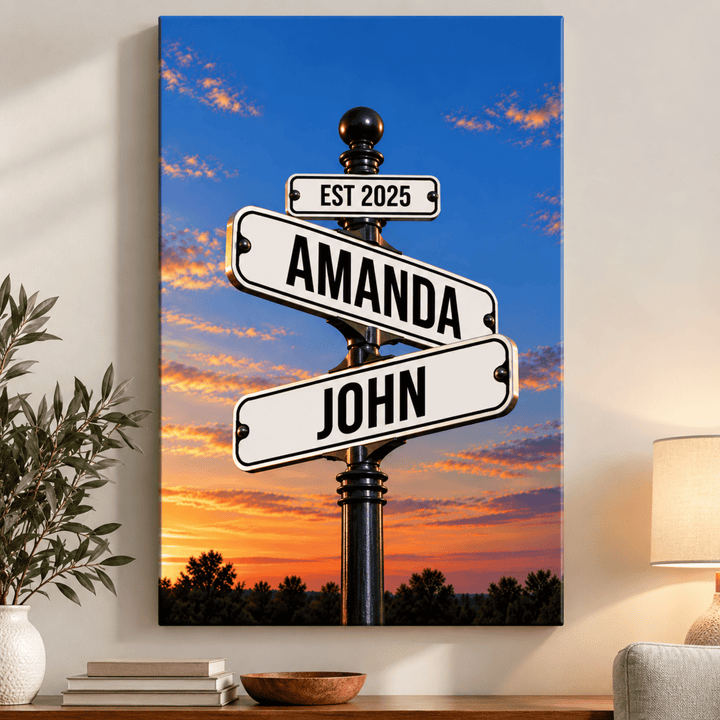 Personalized Family Vibrant Sunset Street Sign Canvas – Custom Names, Dates &amp; Milestones