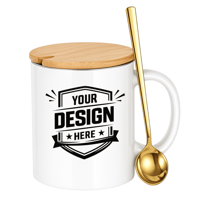 Custom Full Color Print | 11 oz Ceramic Mug with Bamboo Lid &amp; Spoon