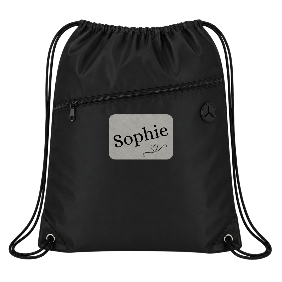 Personalized Oxford Drawstring Backpack with Laser Engraved Leather Patch