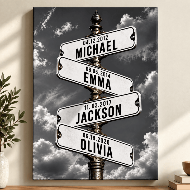 Personalized Family Stormy Gray Sky Street Sign Canvas – Custom Names, Dates &amp; Milestones