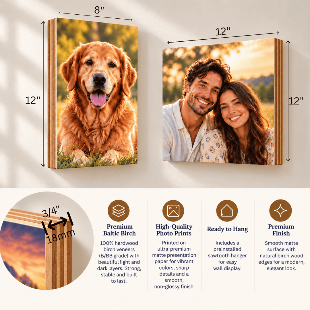 Personalized Photo on Baltic Birch Wood Block – Premium Matte Finish, 3/4" Thick, Ready to Hang