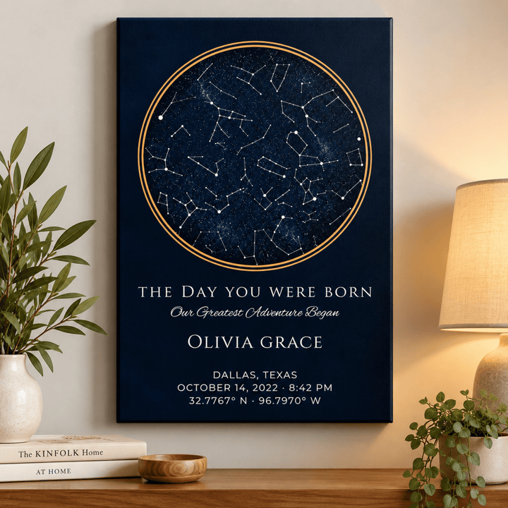 Personalized Star Map Canvas – Midnight Navy &amp; Gold Night Sky Constellation